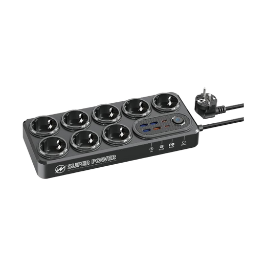 MOXOM 8-Socket Power Strip with USB - Black — 075 02