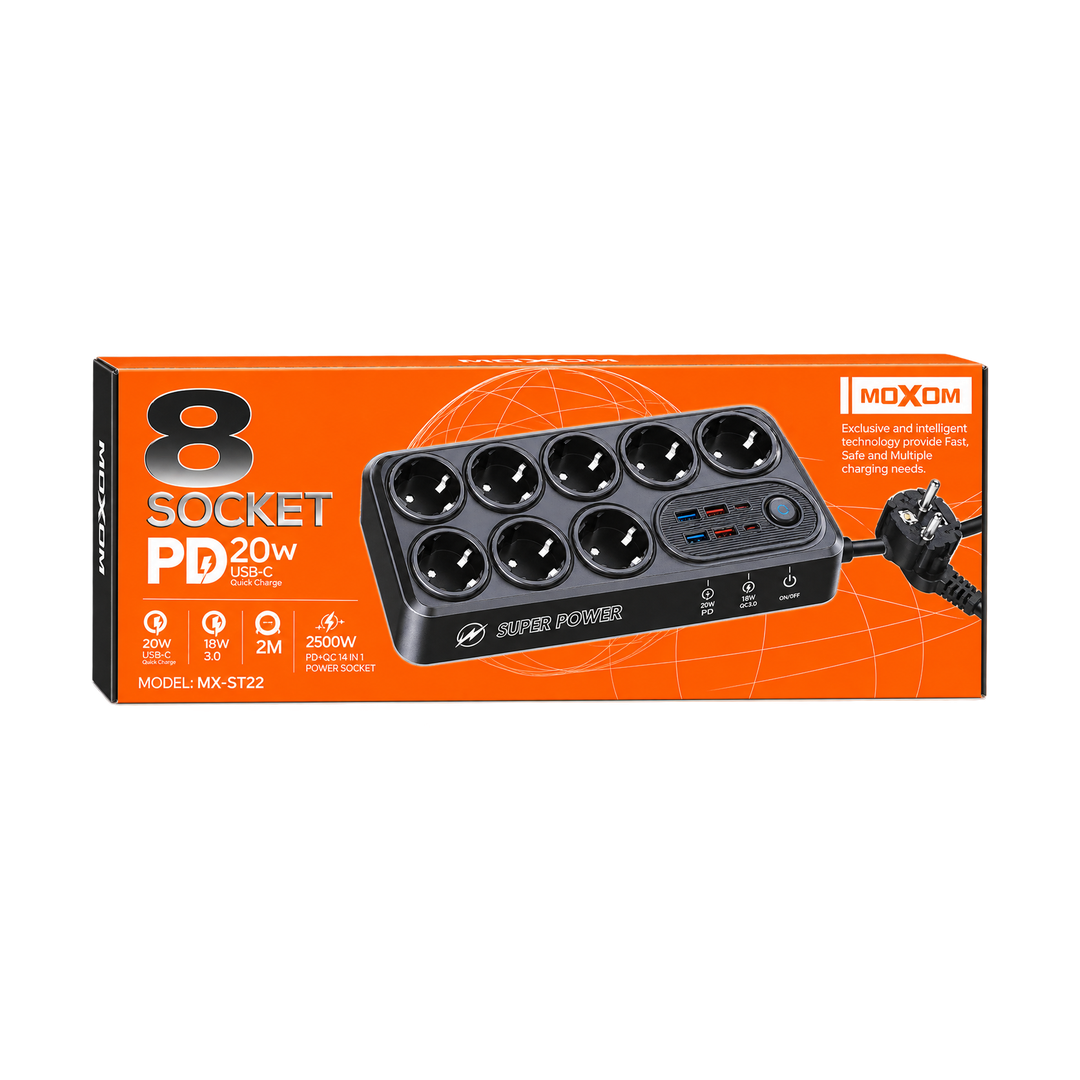 MOXOM 8-Socket Power Strip with USB - Black — 075 04