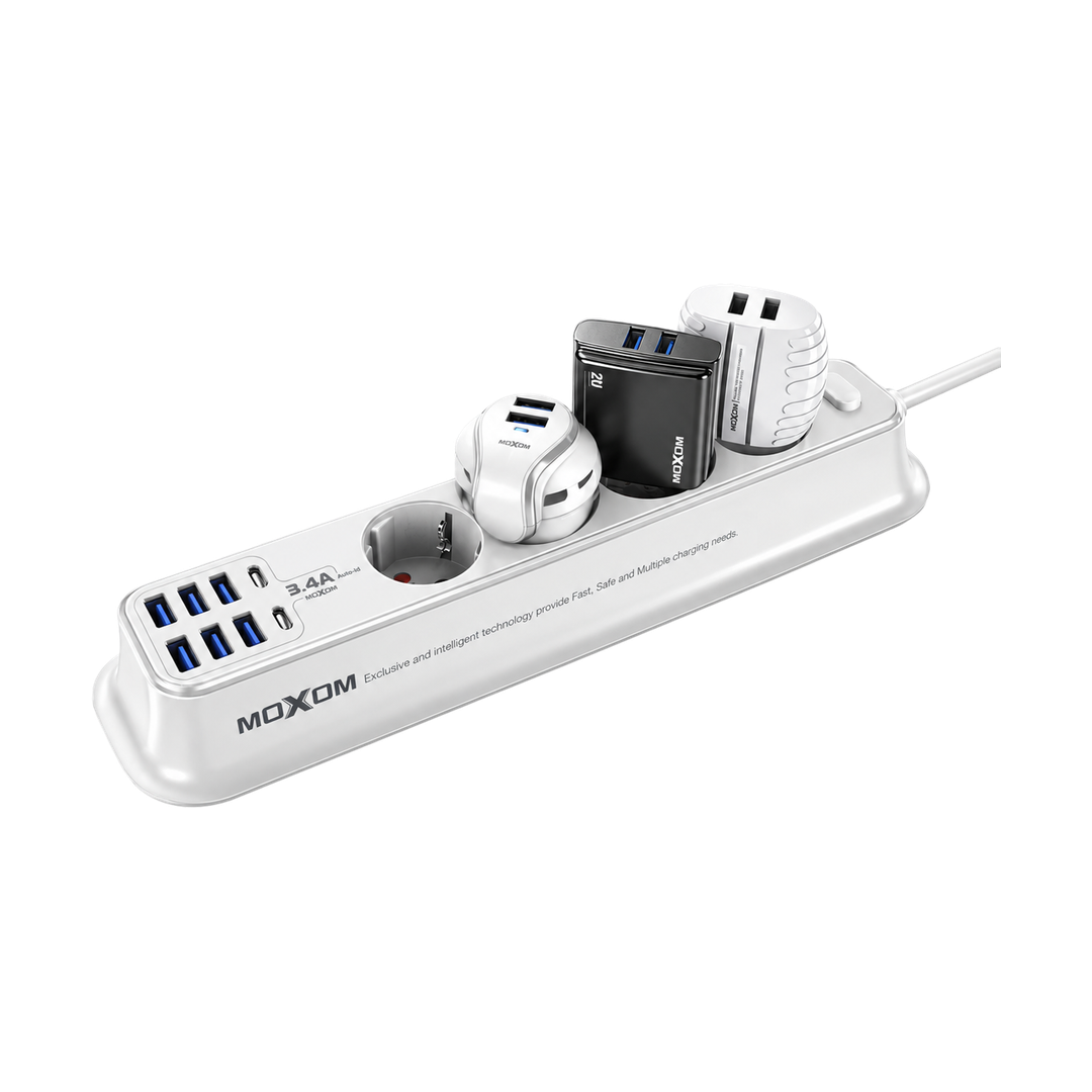 MOXOM 8-Socket Power Strip with USB - White — 076 03