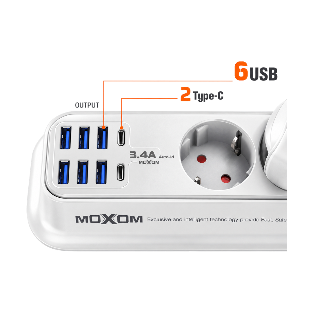 MOXOM 8-Socket Power Strip with USB - White — 076 04