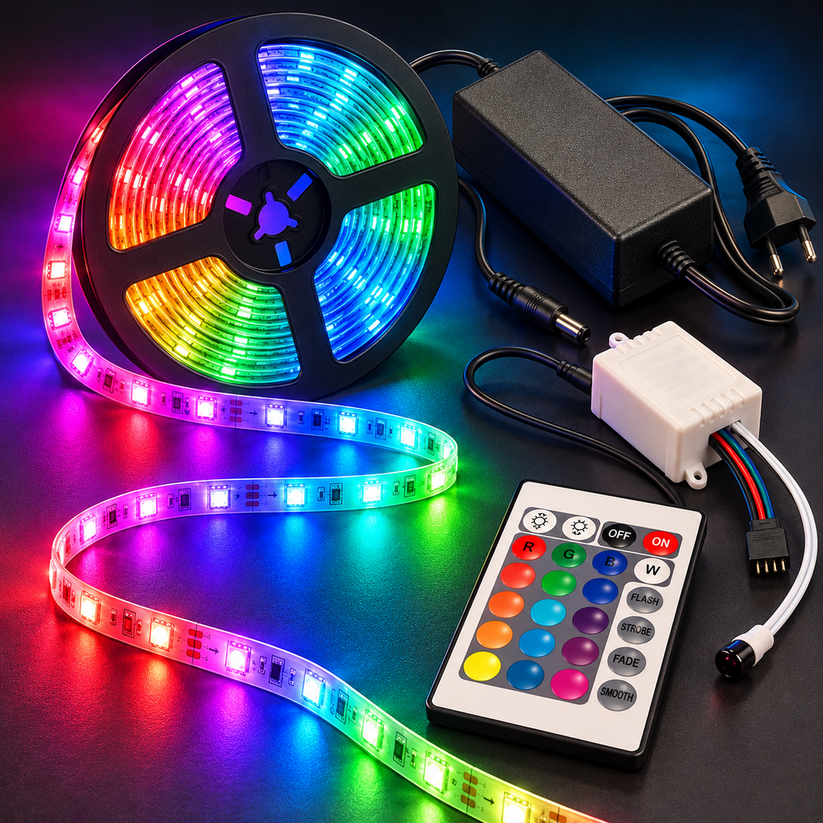 5m RGB LED Strip Light with Remote and 12V Adapter — 05