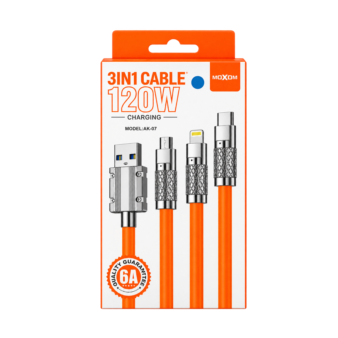 AK-07 3-in-1 120W Silicone Fast-Charging Cable — retail packaging