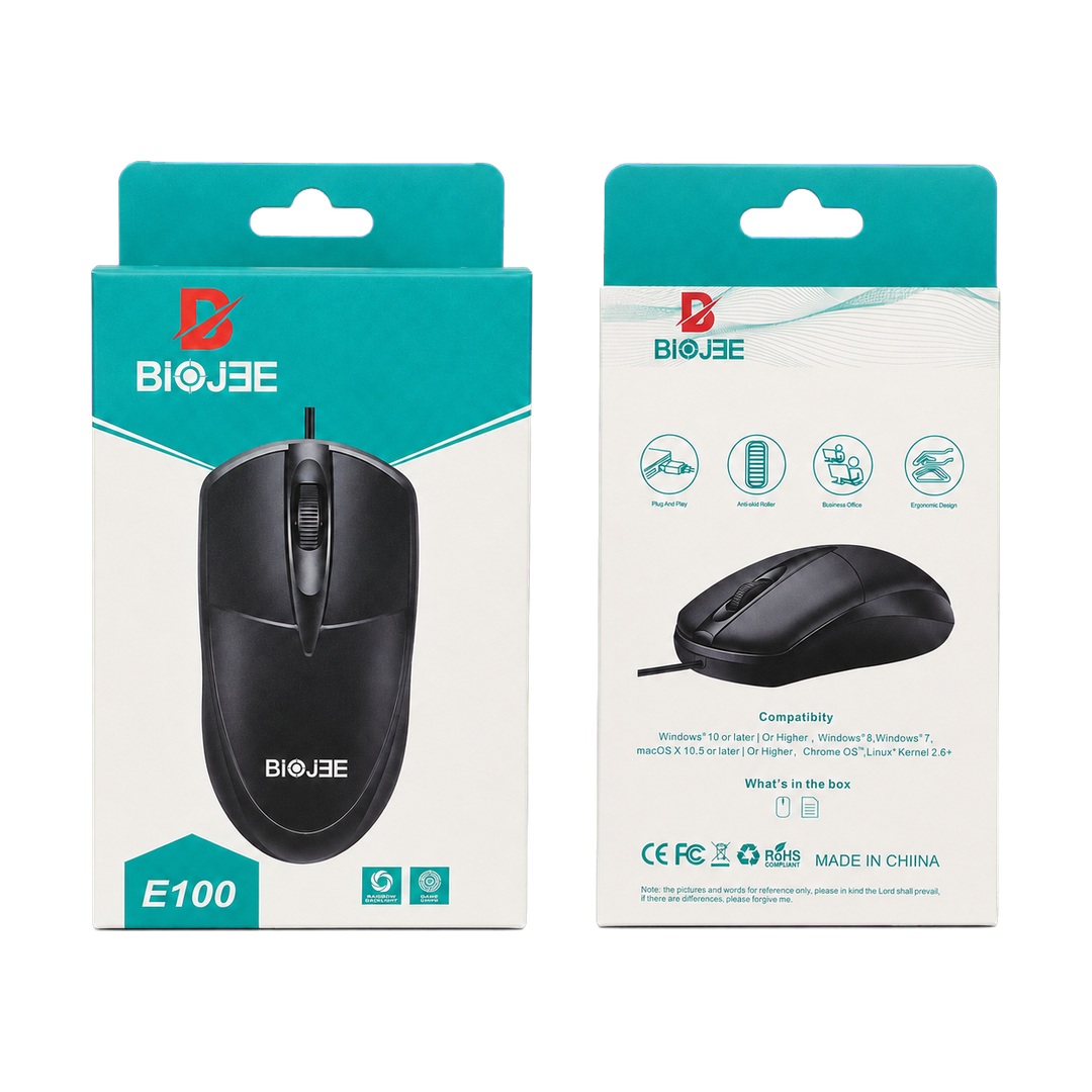 BIOJEE E100 Wired USB Optical Mouse — box front back