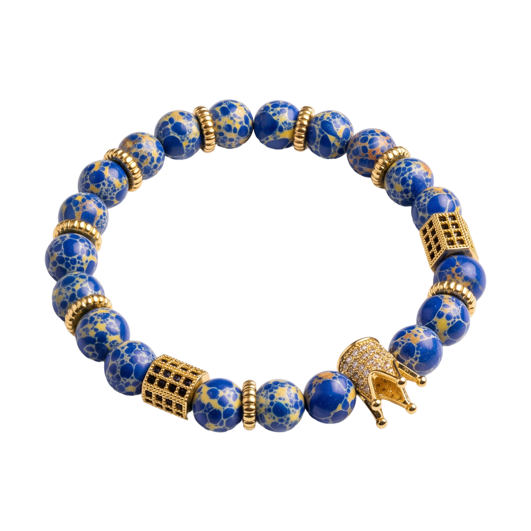 Blue and Gold Bead Bracelet with Crown Charm — 01