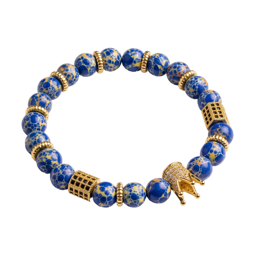 Blue and Gold Bead Bracelet with Crown Charm — 01