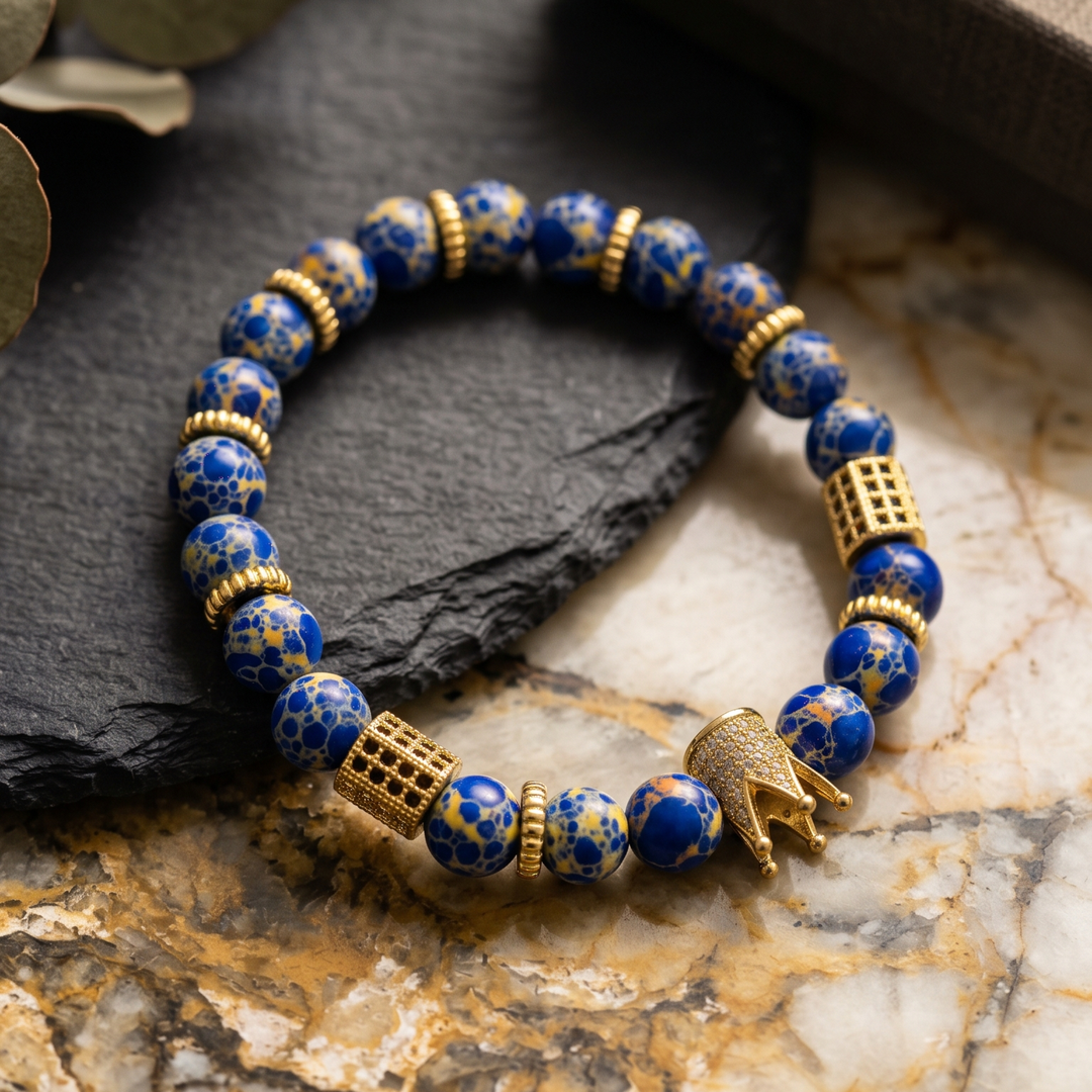Blue and Gold Bead Bracelet with Crown Charm — 02