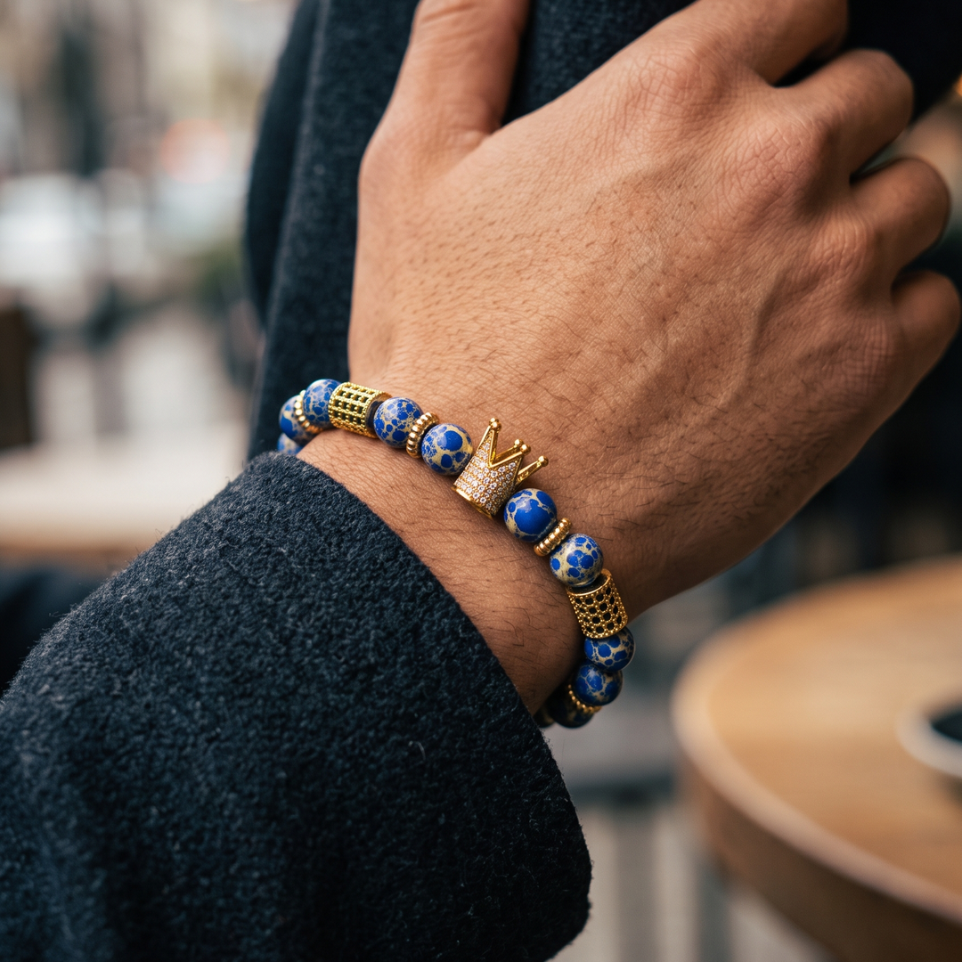 Blue and Gold Bead Bracelet with Crown Charm — 03