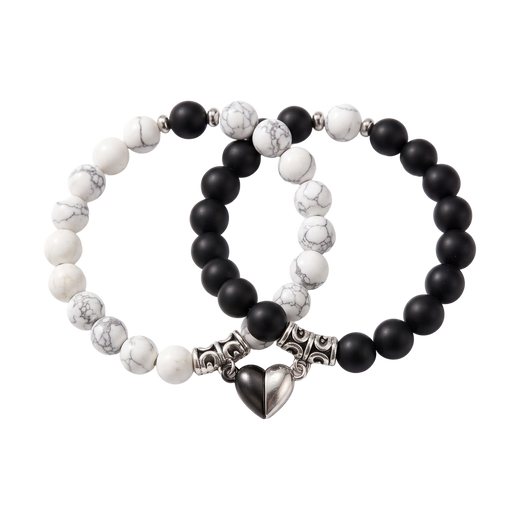 Couple Bead Bracelets with Split Heart - Black and White — 01