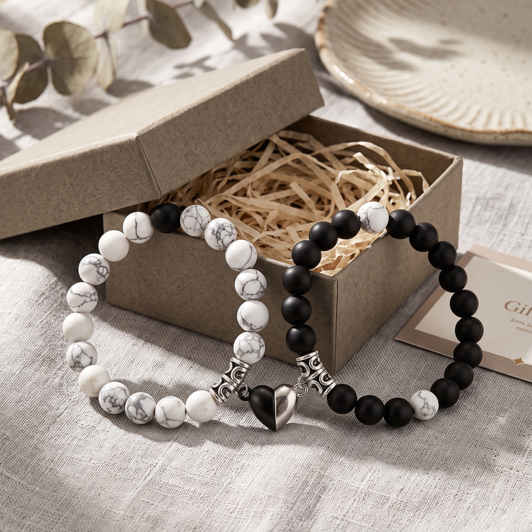 Couple Bead Bracelets with Split Heart - Black and White — 03
