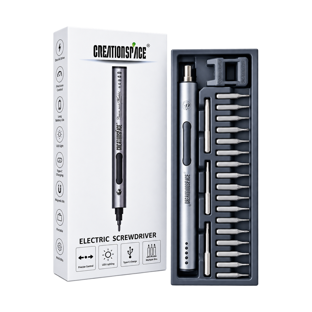 CreationSpace Electric Precision Screwdriver with Magnetic Bits — gray packaging open case