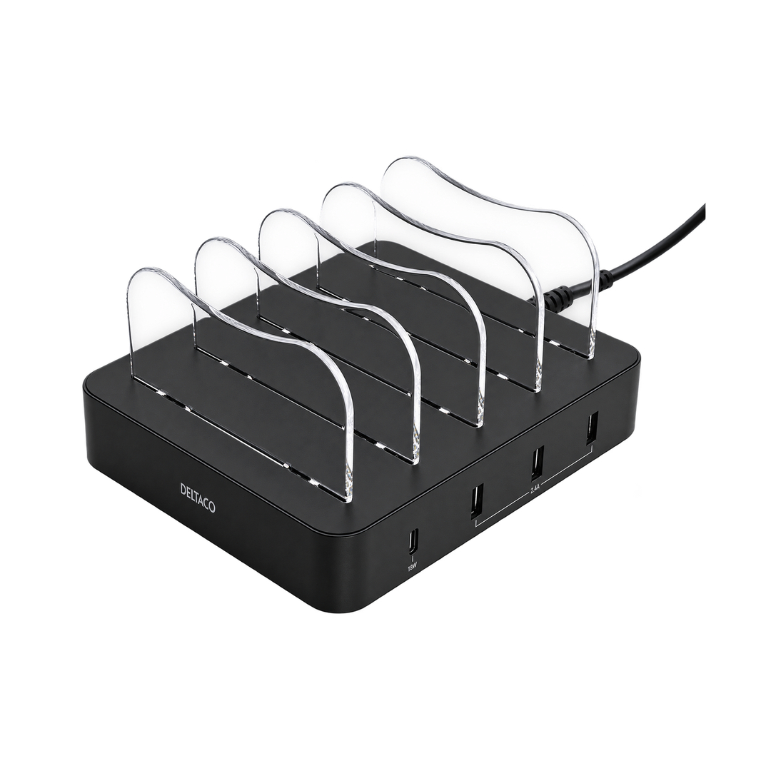 DELTACO 40W 4-Port USB Desktop Charger with USB-C — four black front angle