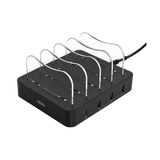 DELTACO 40W 4-Port USB Desktop Charger with USB-C — four black front angle