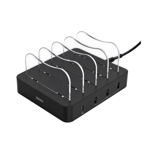 DELTACO 40W 4-Port USB Desktop Charger with USB-C — four black front angle