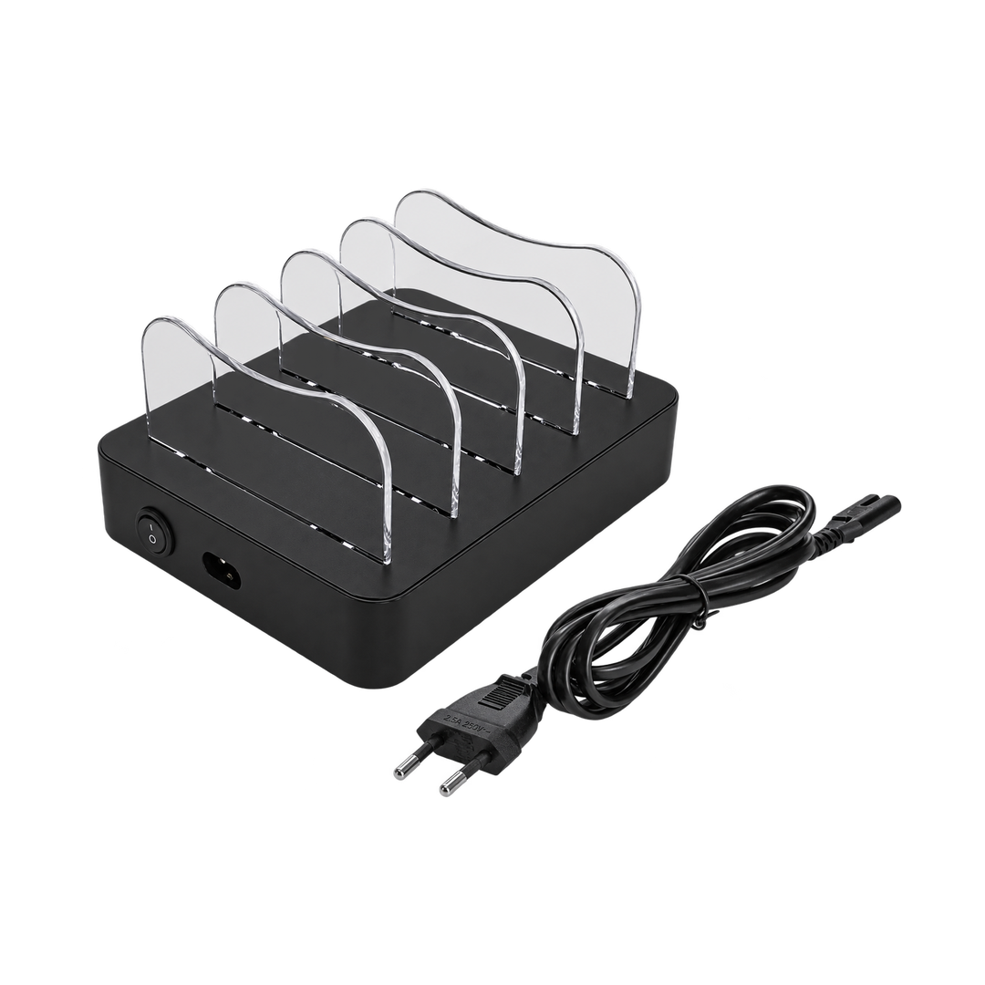 DELTACO 40W 4-Port USB Desktop Charger with USB-C — four black power cable