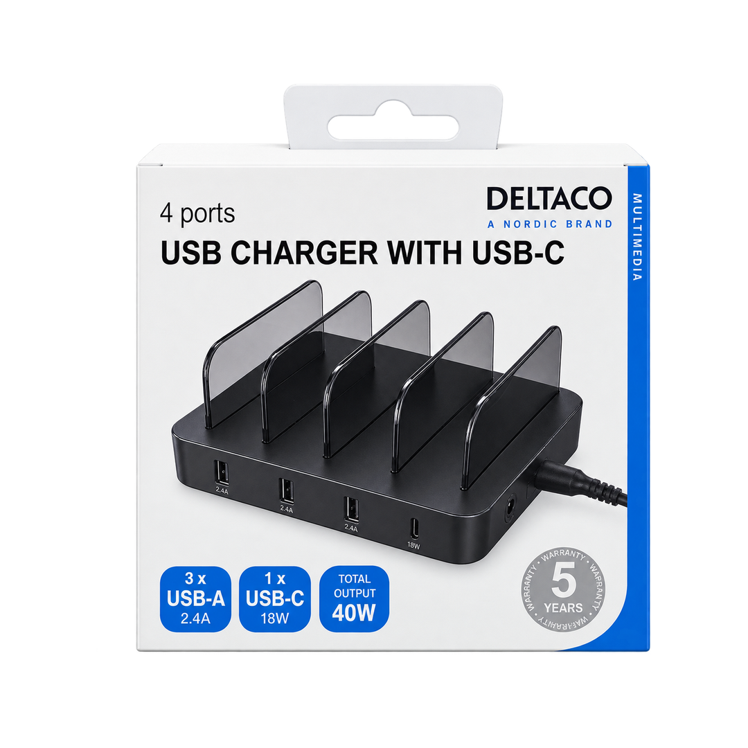 DELTACO 40W 4-Port USB Desktop Charger with USB-C — four retail packaging