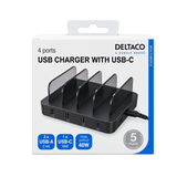 DELTACO 40W 4-Port USB Desktop Charger with USB-C — four retail packaging