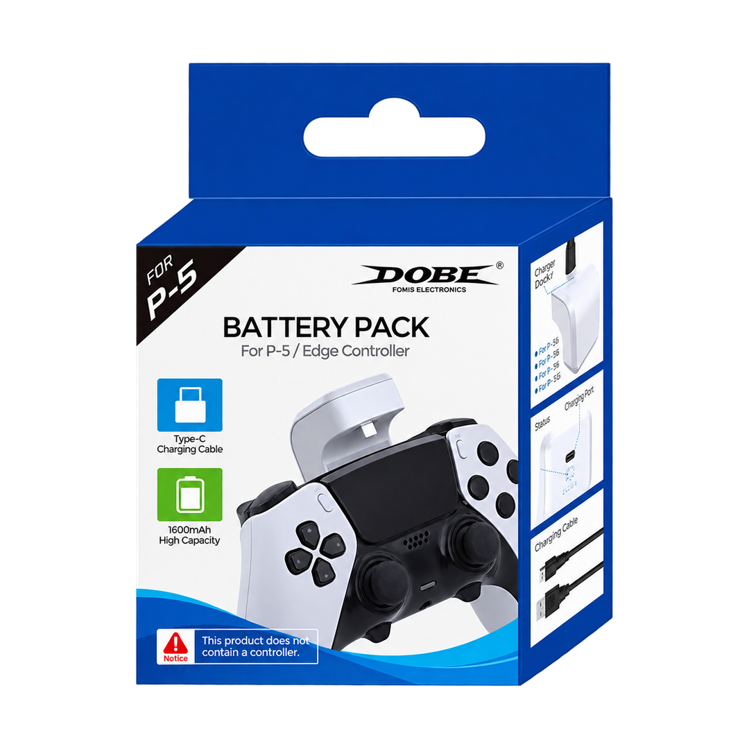 DOBE 1600mAh Battery Pack for PS5 DualSense and DualSense Edge — white packaging angled