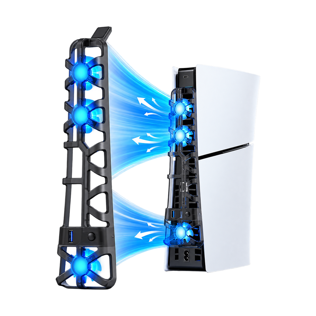DOBE External Cooling Fan for PS5 Slim with USB 3.0 Pass-Through — installation view