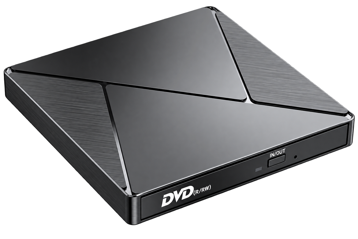External USB CD/DVD Drive with USB-A and USB-C Cable — ty1982 black angled
