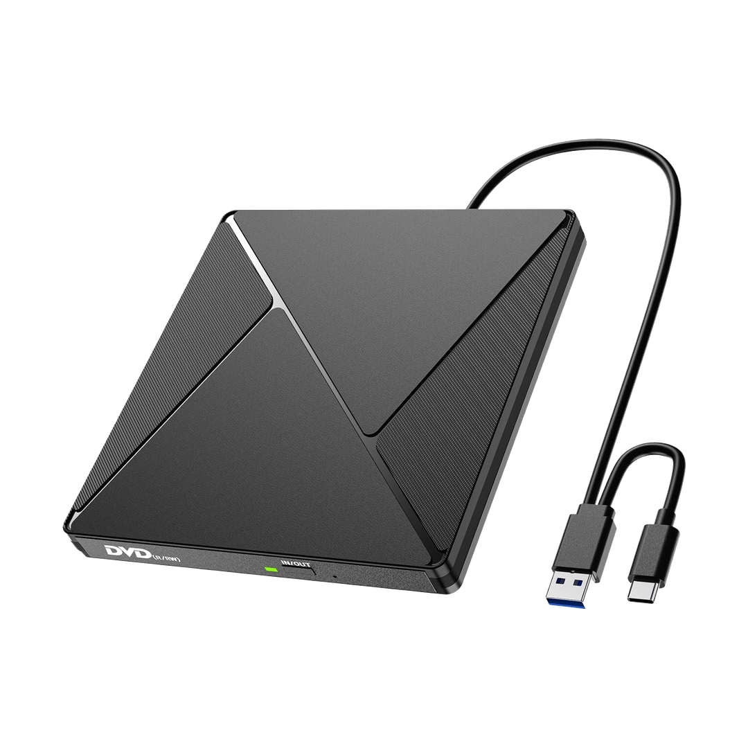 External USB CD/DVD Drive with USB-A and USB-C Cable — ty1982 black top angle