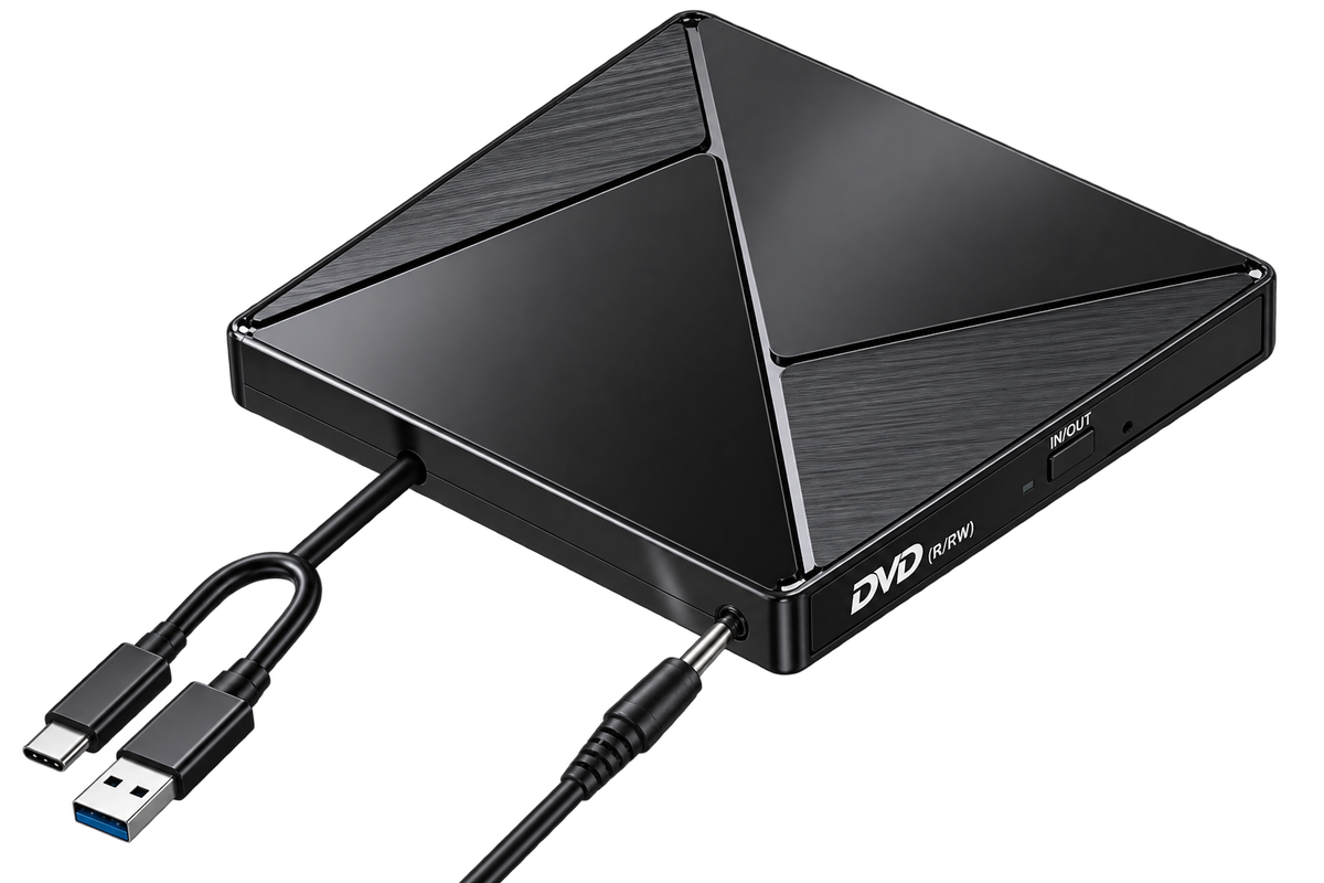 External USB CD/DVD Drive with USB-A and USB-C Cable — ty1982 black with cable