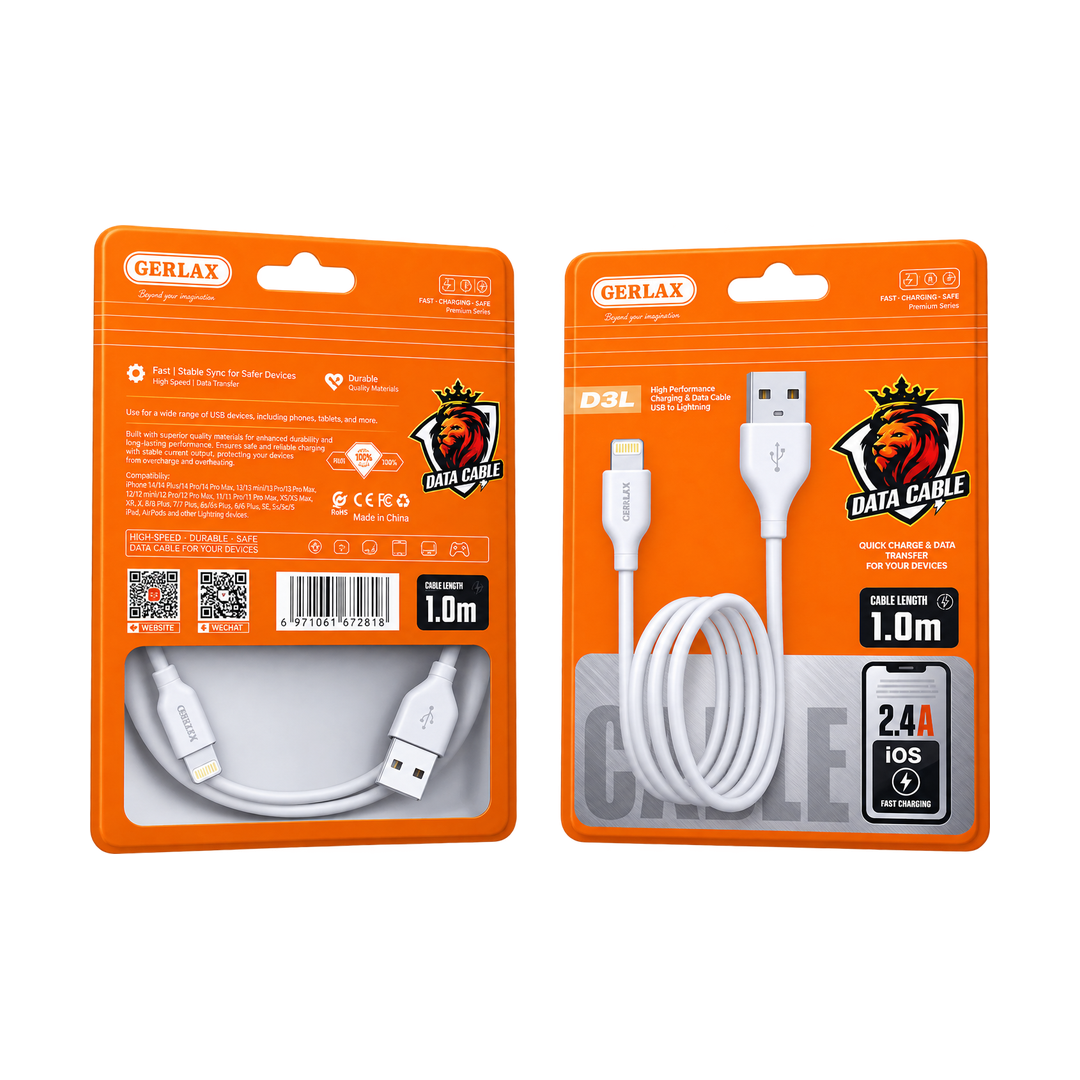 GERLAX D3L USB-A to Lightning Charging Cable - 1m — box front back