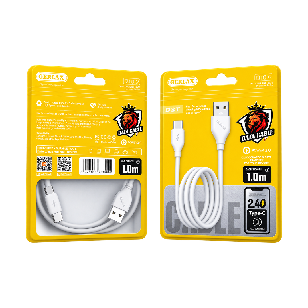 GERLAX D3T USB-A to USB-C Fast Charging Cable - 1m — box front back