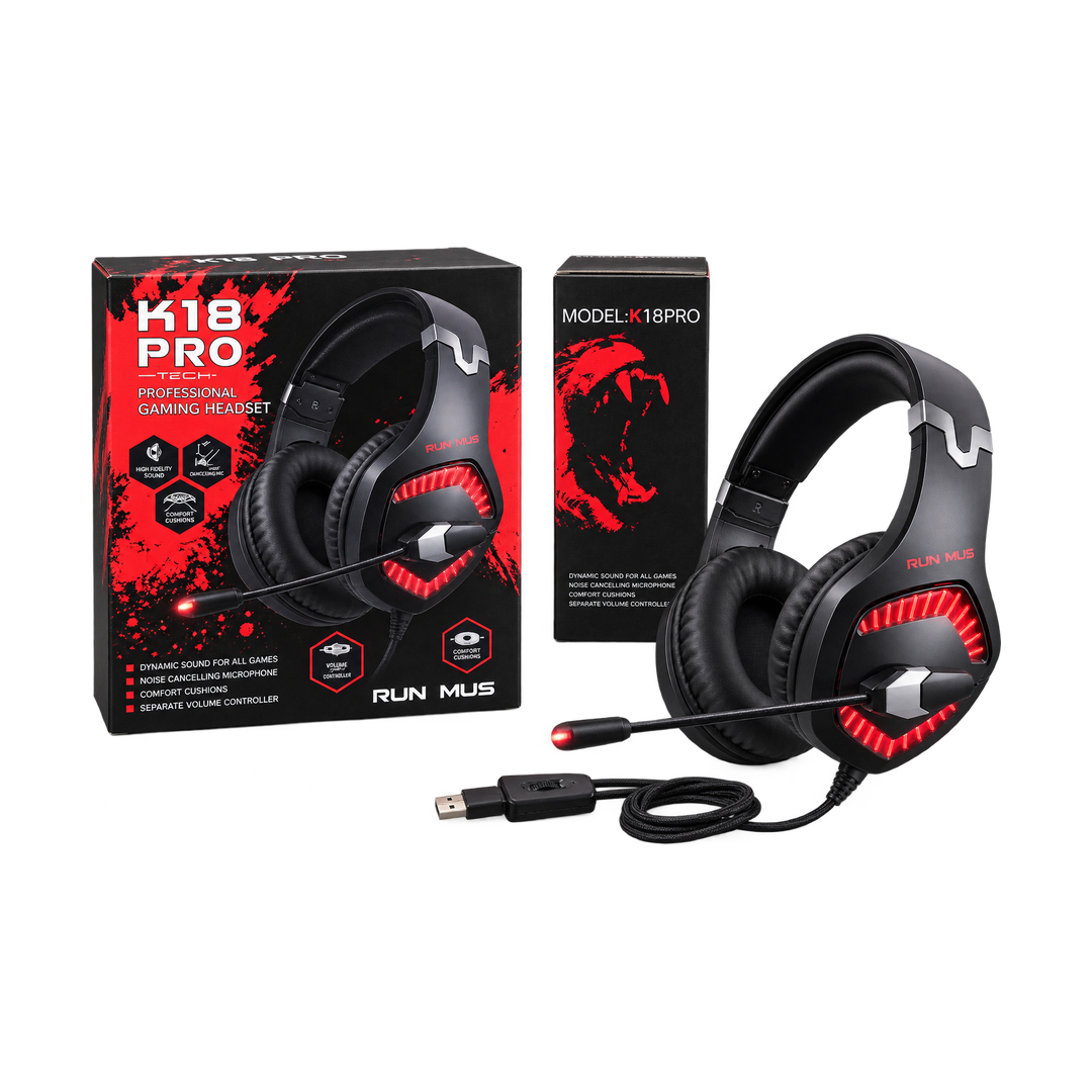 RUNMUS K1B PRO Gaming Headset - Red LED — black red accessories