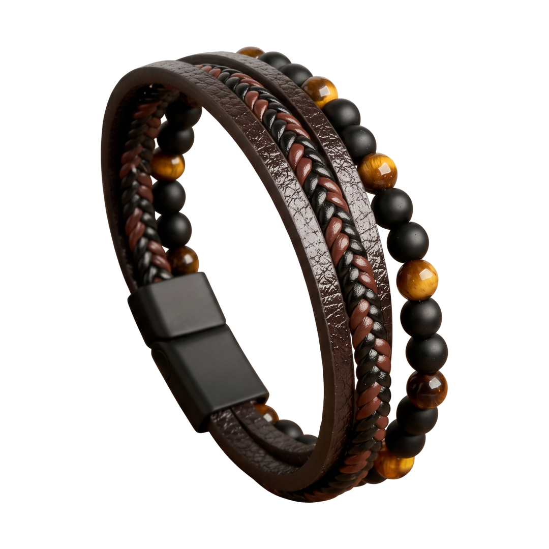 Layered Brown Leather and Bead Bracelet — 01