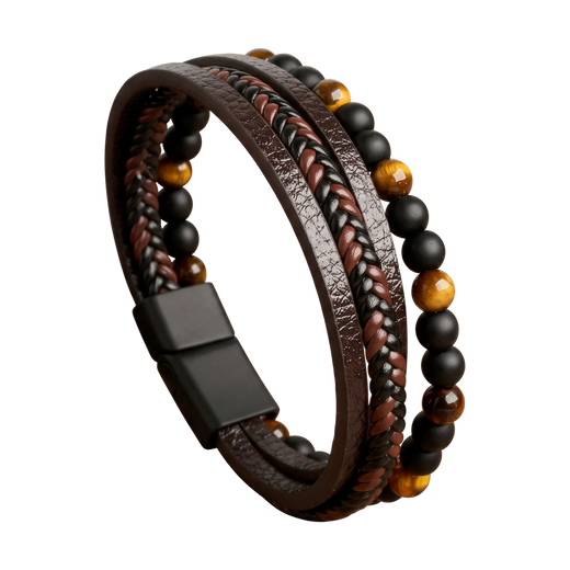 Layered Brown Leather and Bead Bracelet — 01