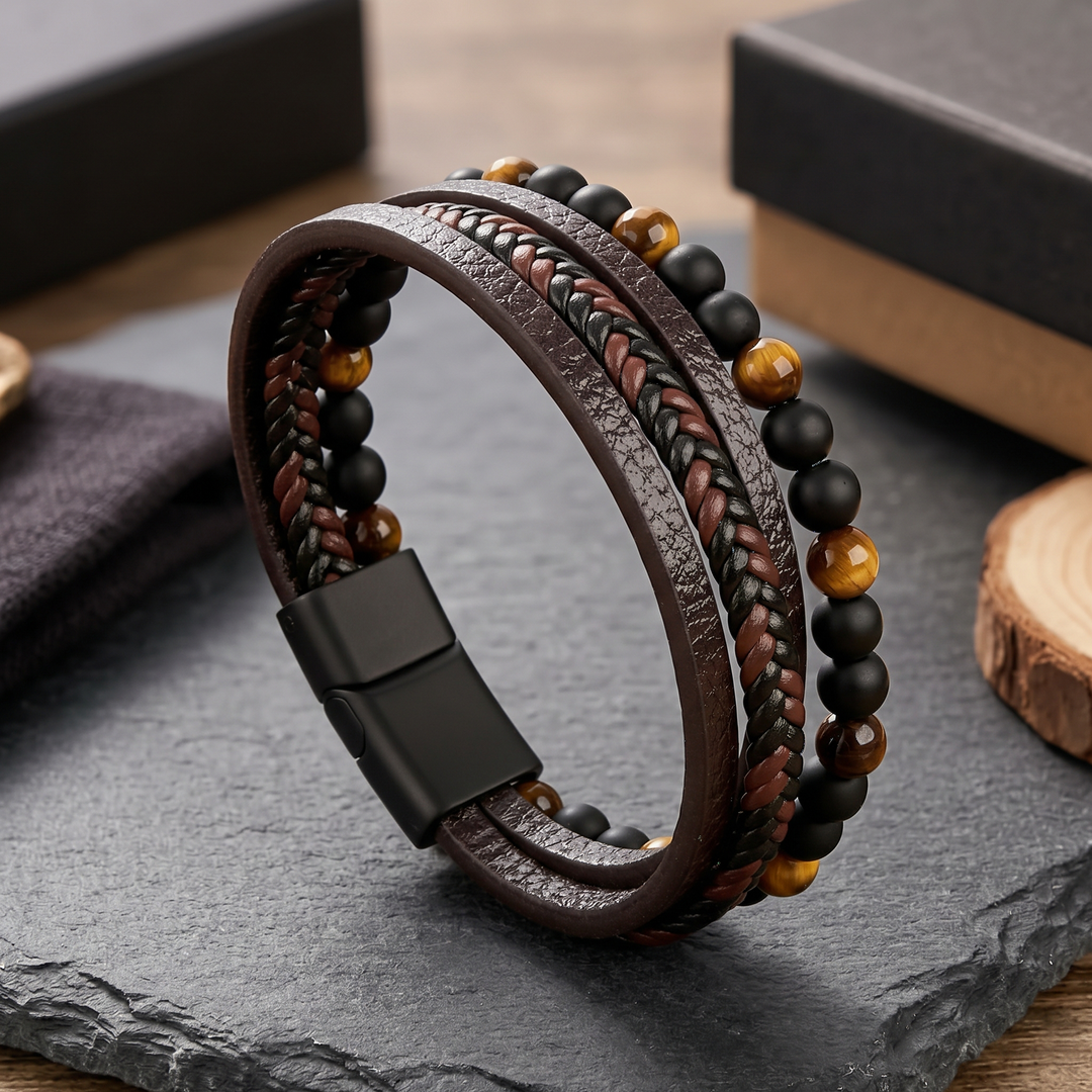 Layered Brown Leather and Bead Bracelet — 03