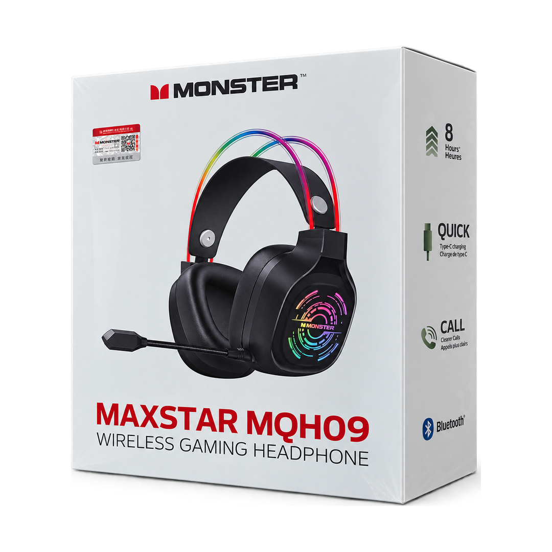 Monster Maxstar MQH09 Wireless RGB Gaming Headset — box front back