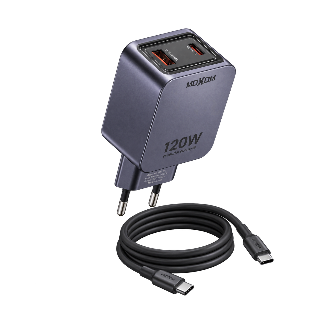MOXOM MX-HC316 GaN Dual-Port Fast Charger with USB-C Cable — black