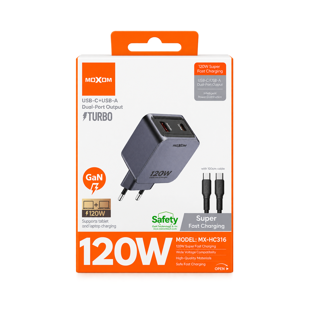 MOXOM MX-HC316 GaN Dual-Port Fast Charger with USB-C Cable — retail packaging