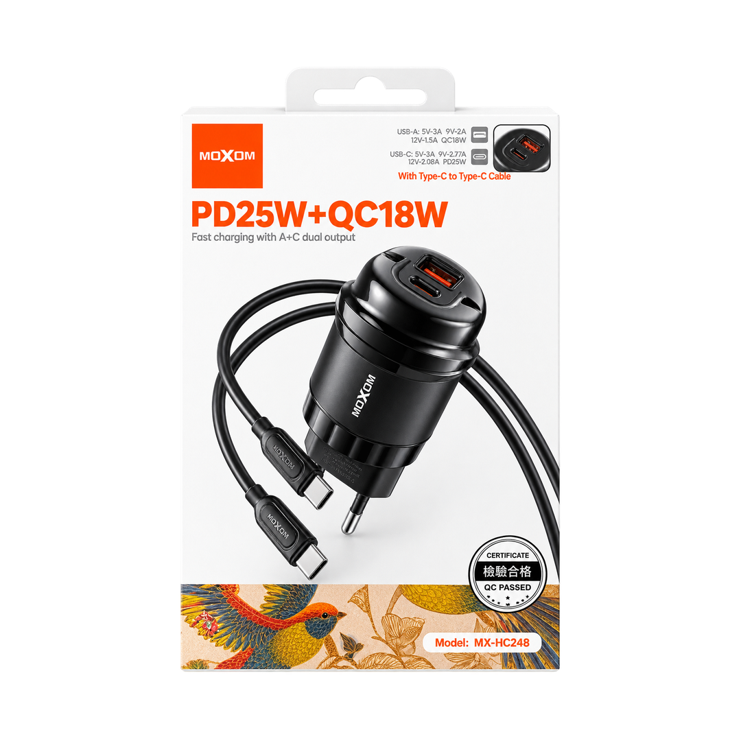 MOXOM MX-HC248 Thunder 25W USB-C + 18W USB-A Fast Charger (EU Plug) — car packaging