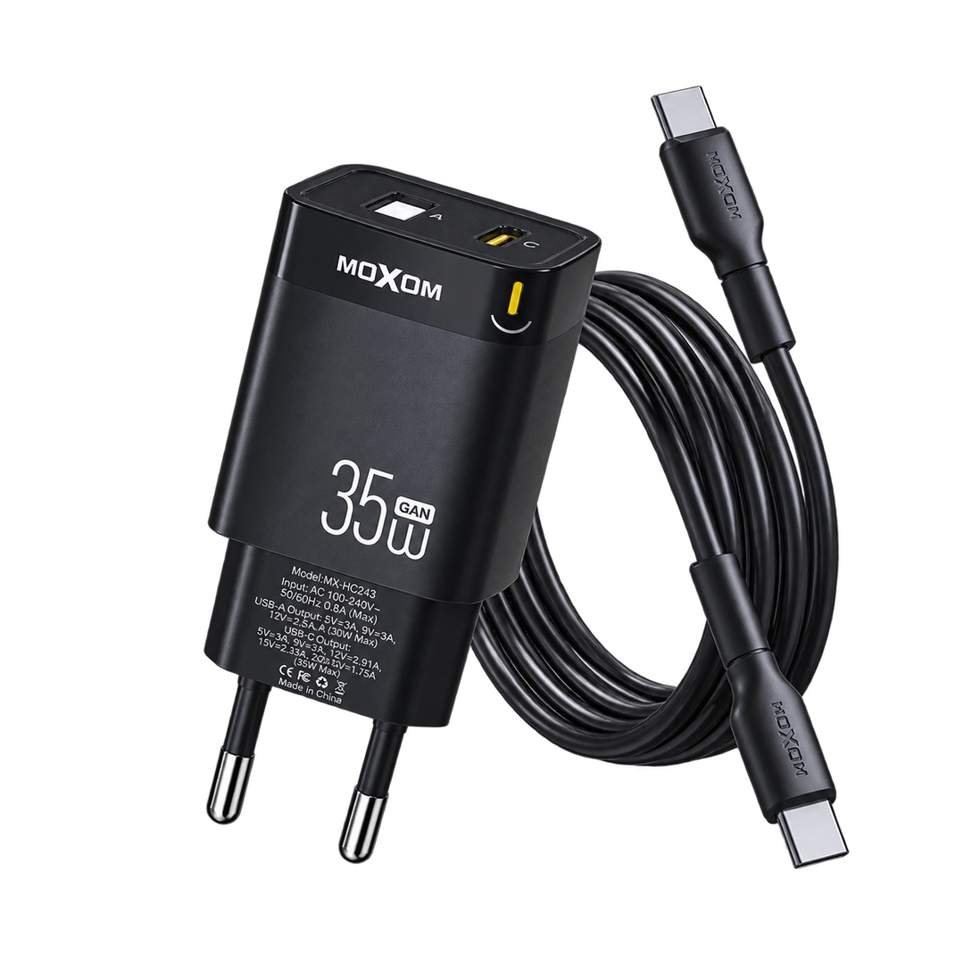 MOXOM MX-HC243 35W GaN Dual-Port Charger with USB-C to Lightning Cable — black