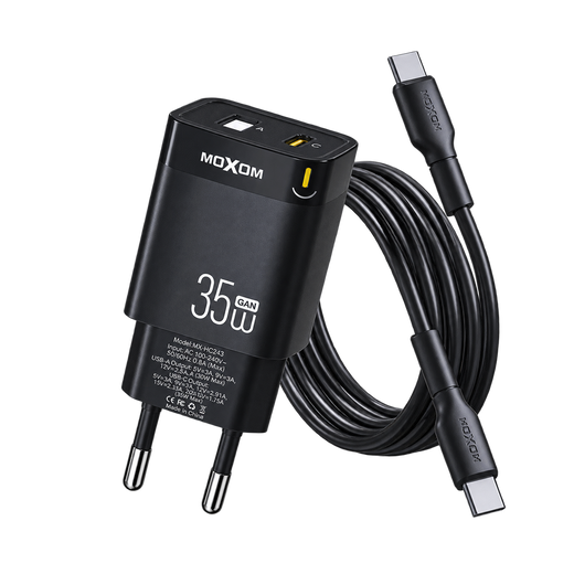 MOXOM MX-HC243 35W GaN Dual-Port Charger with USB-C to Lightning Cable — black