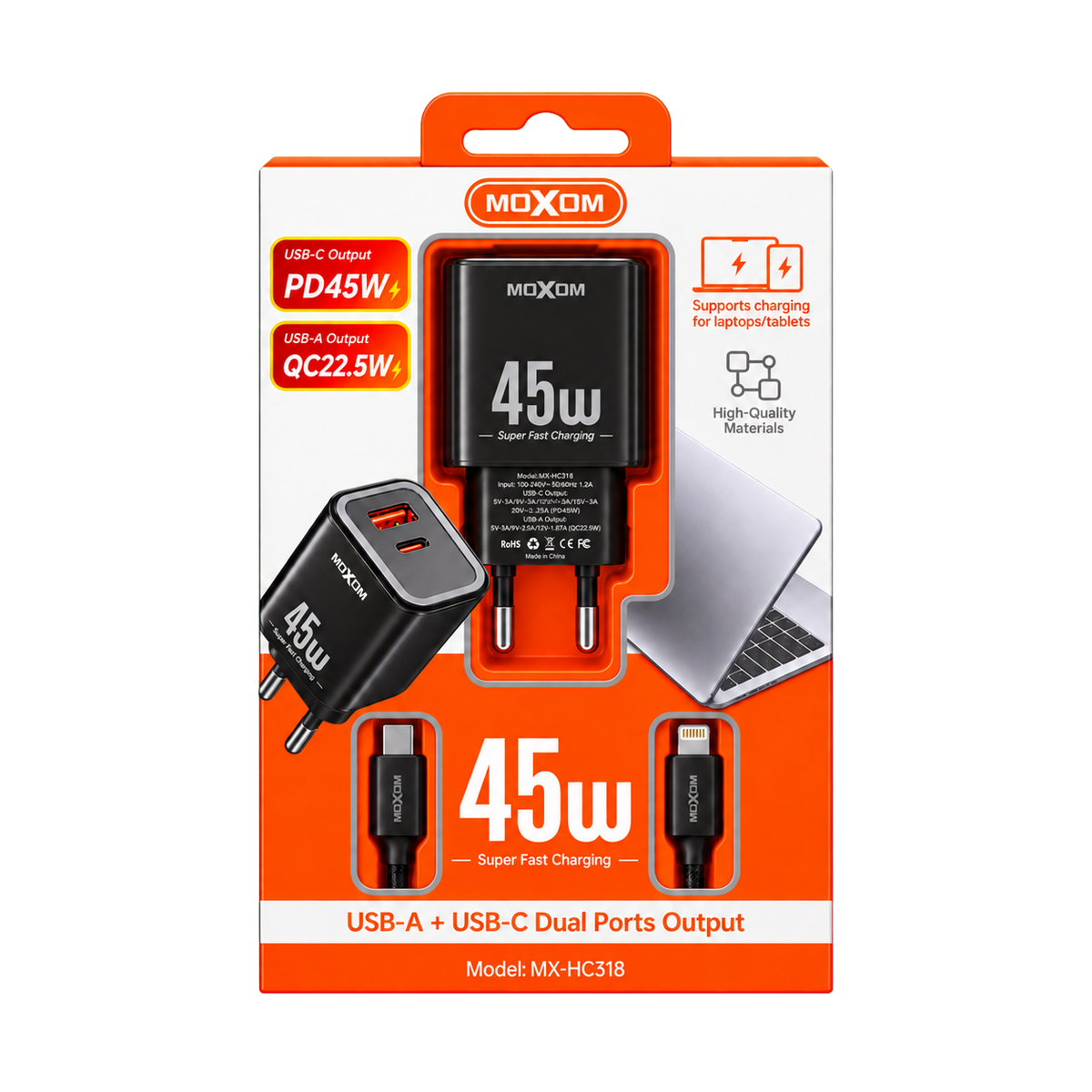 MOXOM MX-HC318 Dual-Port Fast Charger — 45w black retail packaging