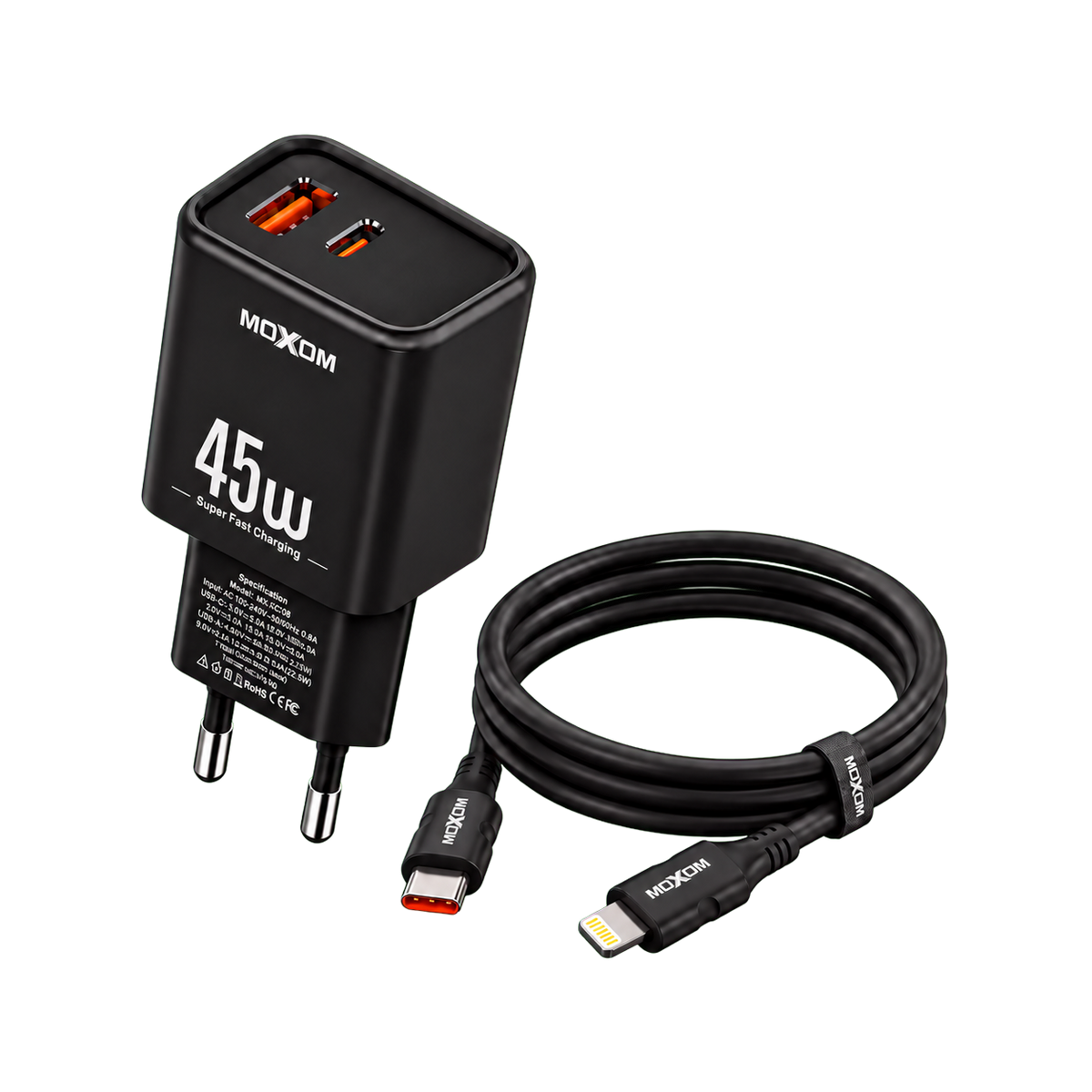 MOXOM MX-HC318 Dual-Port Fast Charger — 45w black with cable
