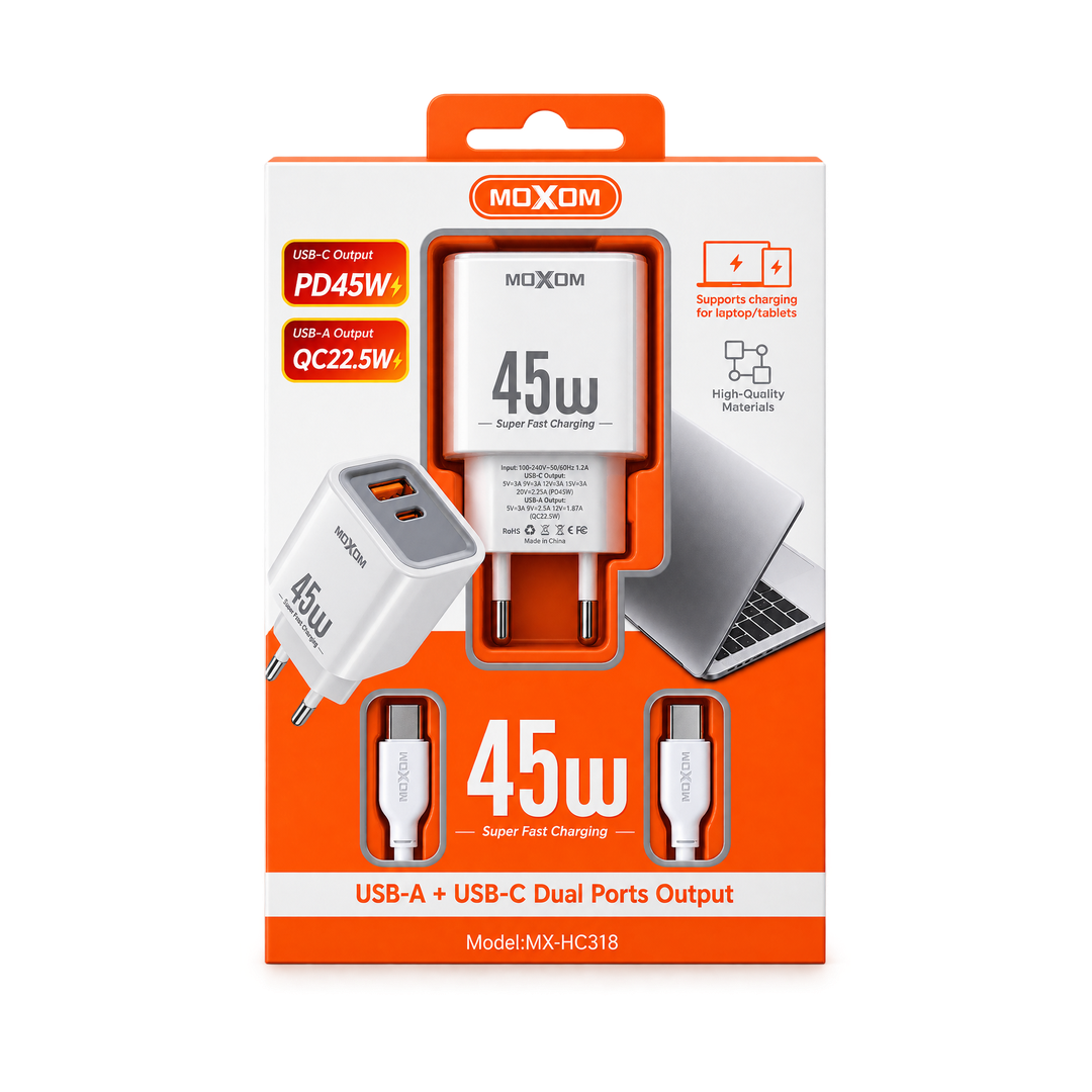 MOXOM MX-HC318 Dual-Port Fast Charger — 45w white retail packaging