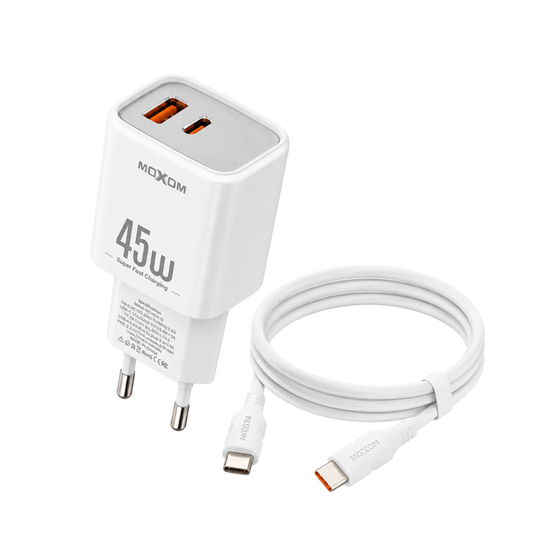 MOXOM MX-HC318 Dual-Port Fast Charger — 45w white with cable