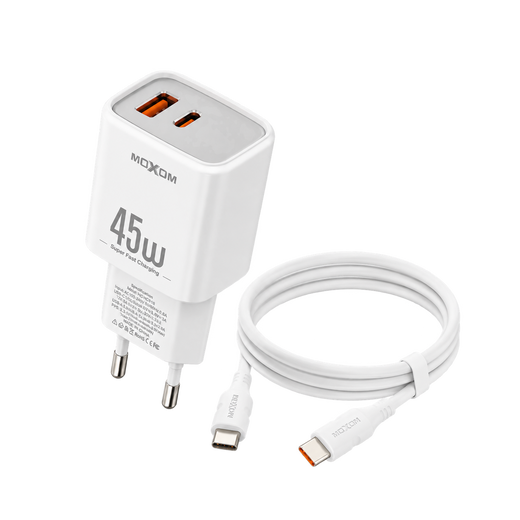 MOXOM MX-HC318 Dual-Port Fast Charger — 45w white with cable