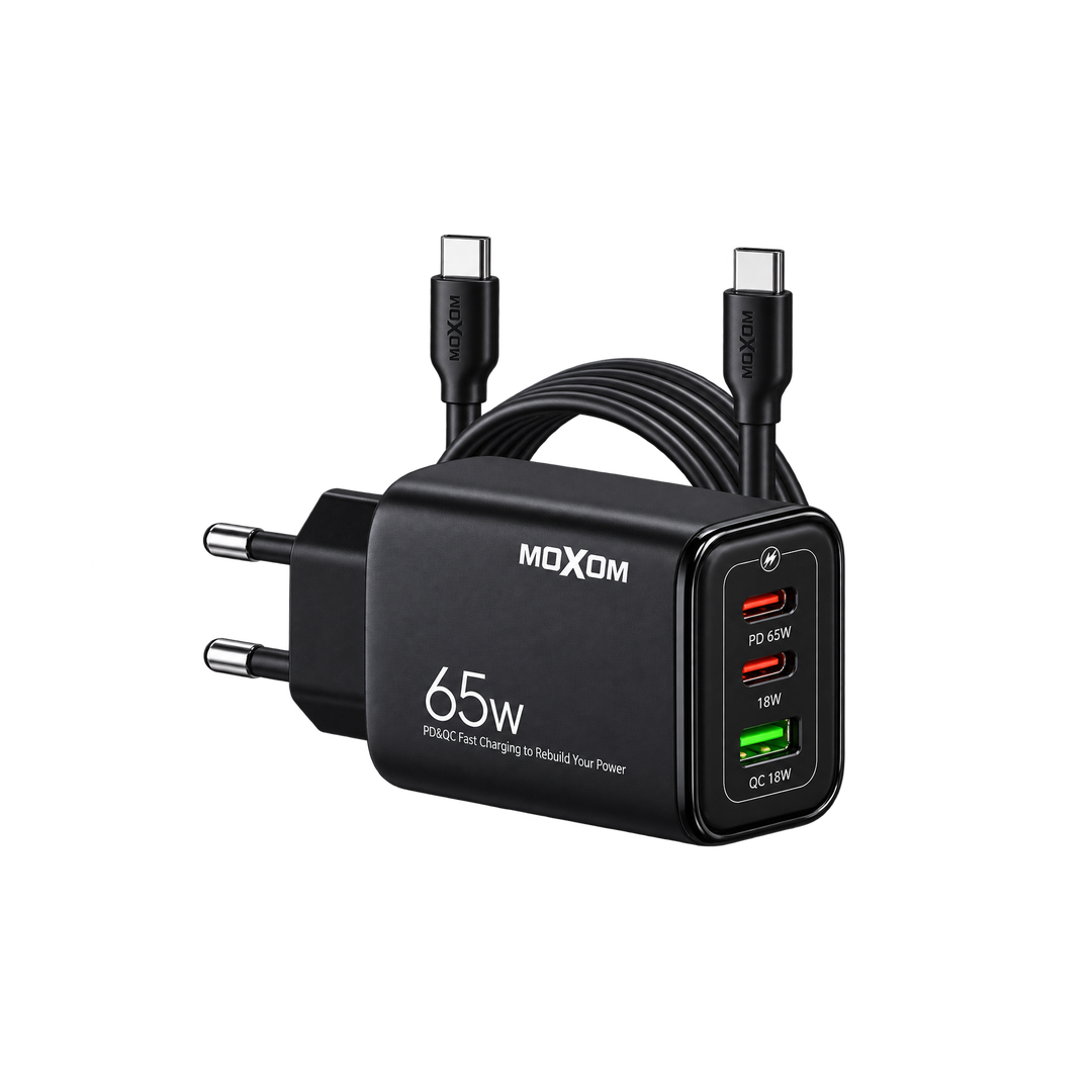 MOXOM MX-HC158 65W Three-Port Fast Charger with USB-C Cable — black angled