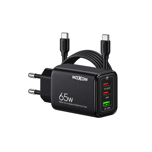 MOXOM MX-HC158 65W Three-Port Fast Charger with USB-C Cable — black angled