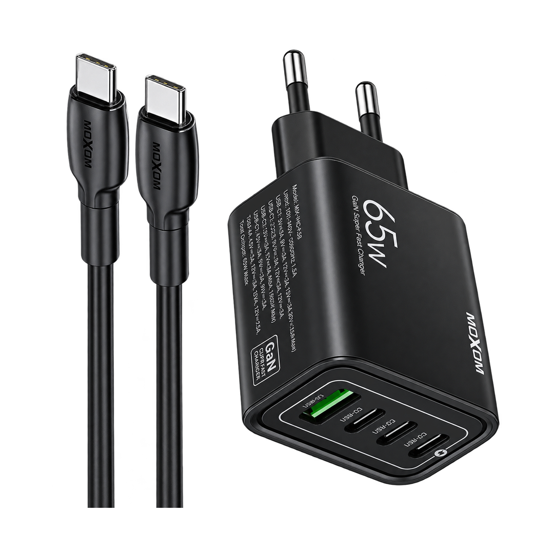 MOXOM MX-HC158 65W Three-Port Fast Charger with USB-C Cable — black