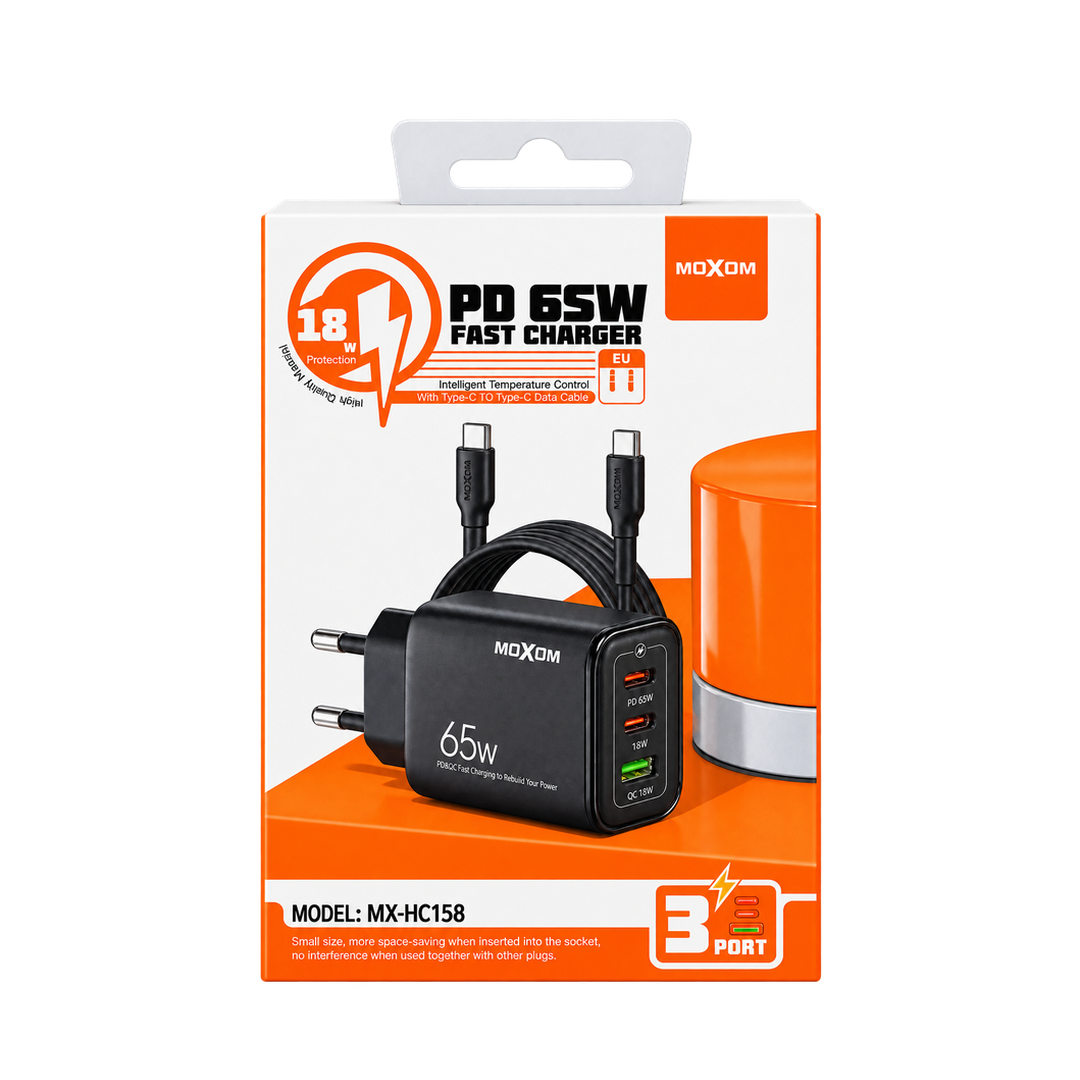 MOXOM MX-HC158 65W Three-Port Fast Charger with USB-C Cable — retail packaging