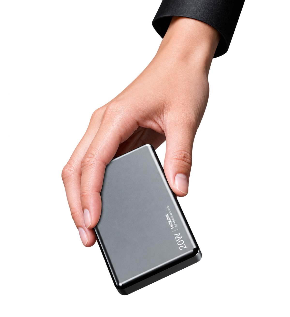MOXOM MX-PB213 10000mAh Ultra-Thin Magnetic Wireless Power Bank — mh805 mx pb213 gray hand angle