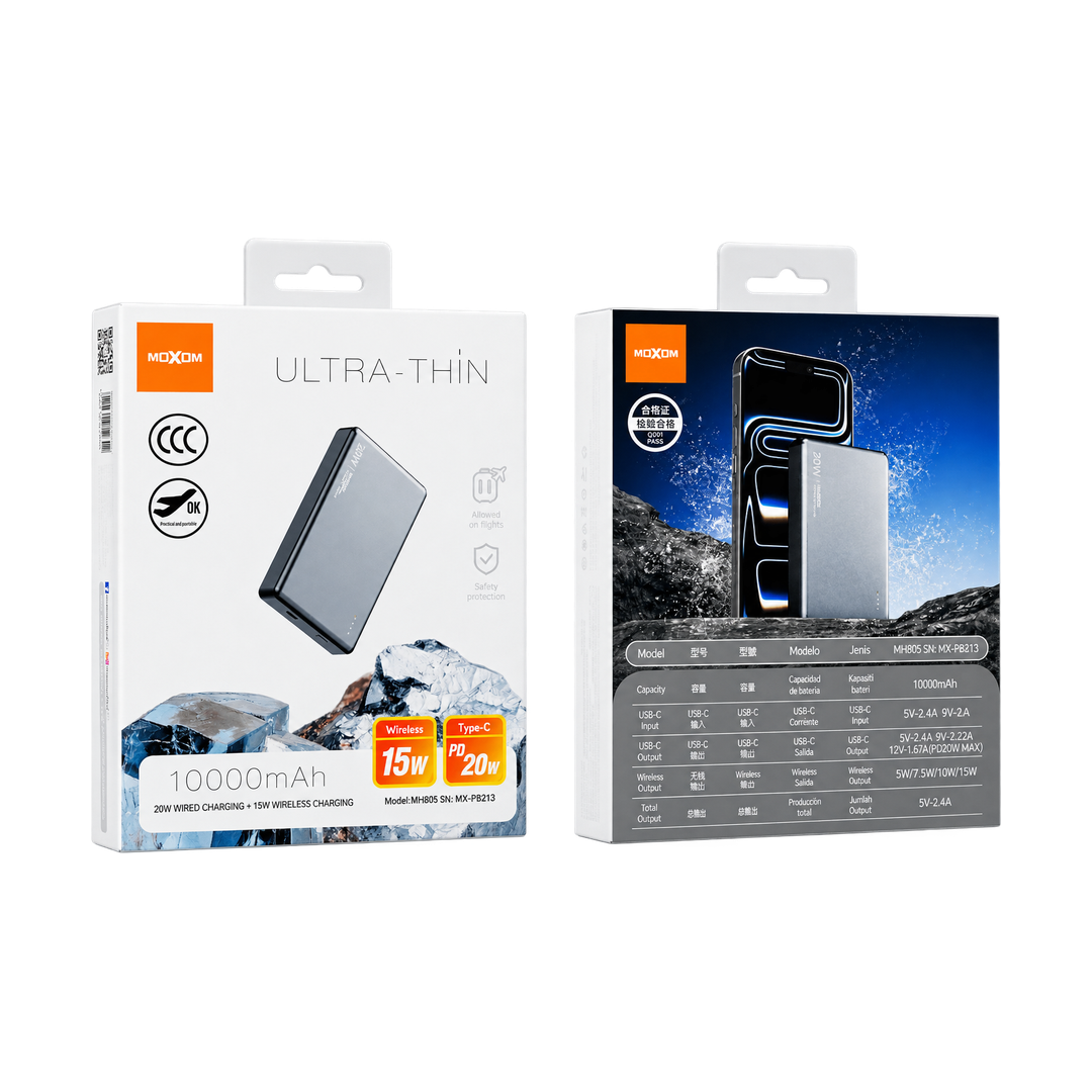 MOXOM MX-PB213 10000mAh Ultra-Thin Magnetic Wireless Power Bank — mh805 mx pb213 gray packaging front back