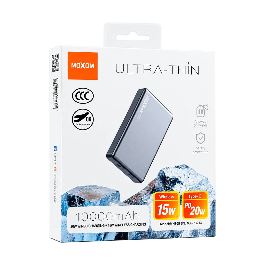 MOXOM MX-PB213 10000mAh Ultra-Thin Magnetic Wireless Power Bank — mh805 mx pb213 gray packaging front