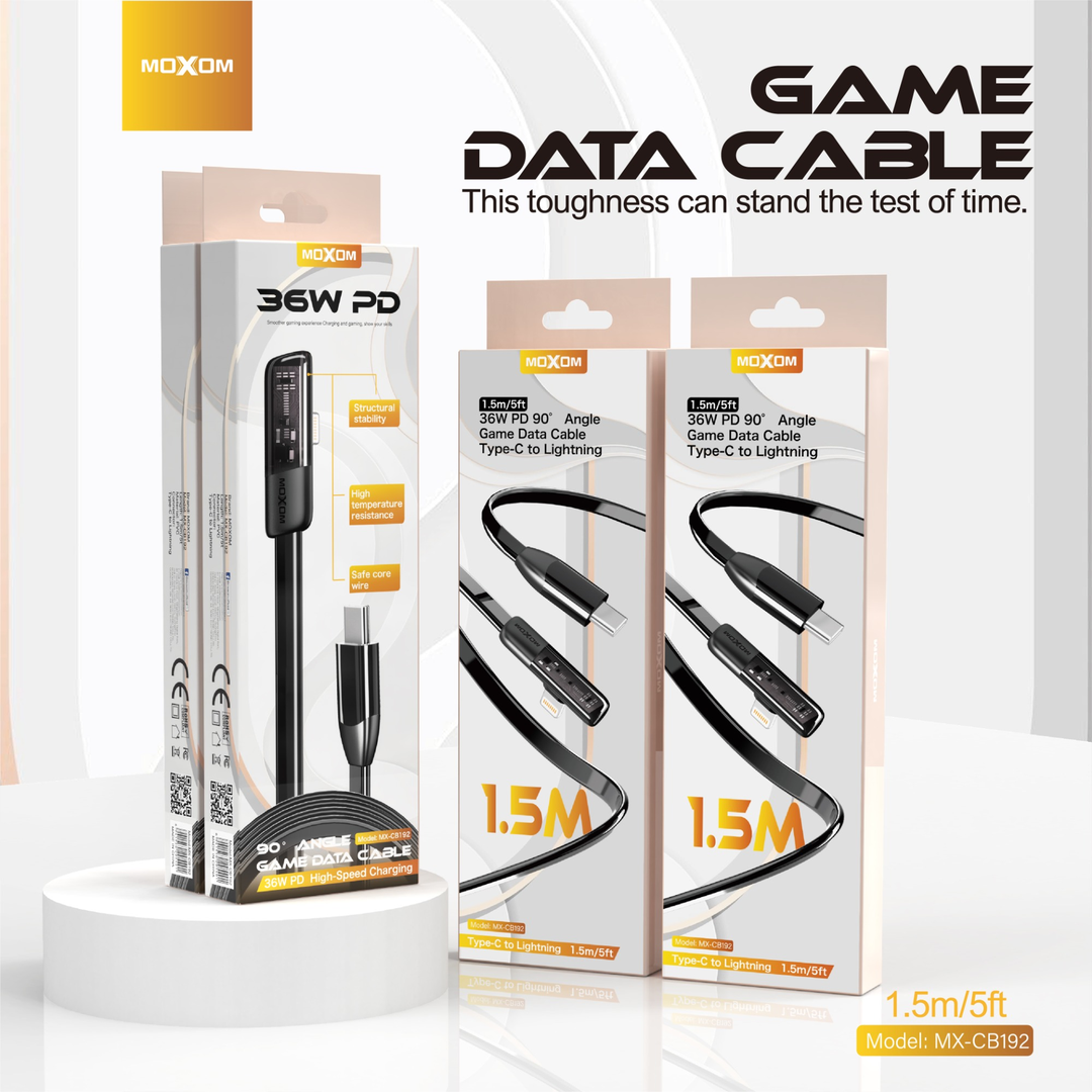 MOXOM 36W Angled Flat USB-C to Lightning Cable — mx cb192 pd 90 degree game data 04